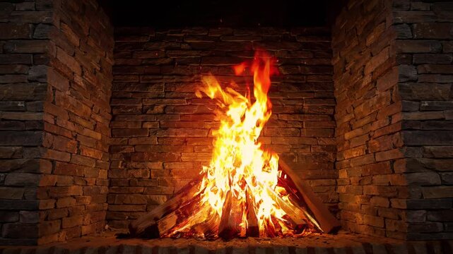 A bright fire blazes in the brick fireplace. Cozy warm flames and flying sparks rise from wood logs. Relaxing winter atmosphere perfect for home comfort, heating, and holiday concepts. Slow motion. 4K