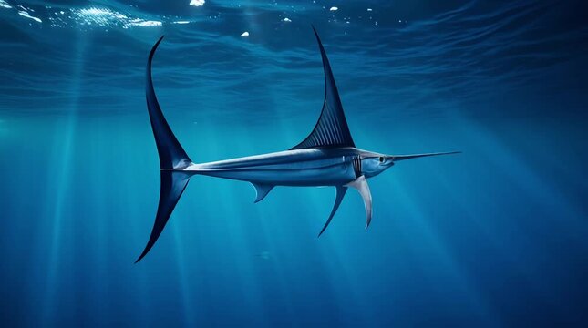 Animated swordfish swimming in ocean