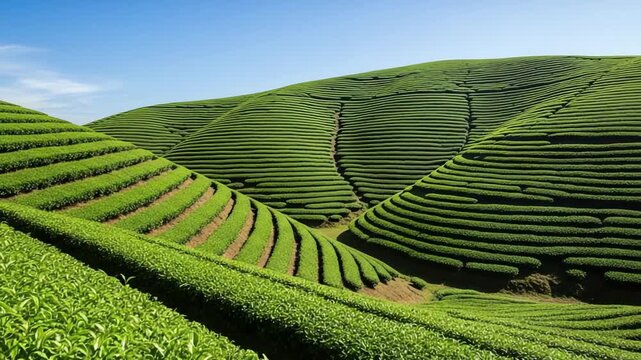 Lush green tea plantation hills under a clear blue sky, showcasing vibrant rows of tea bushes