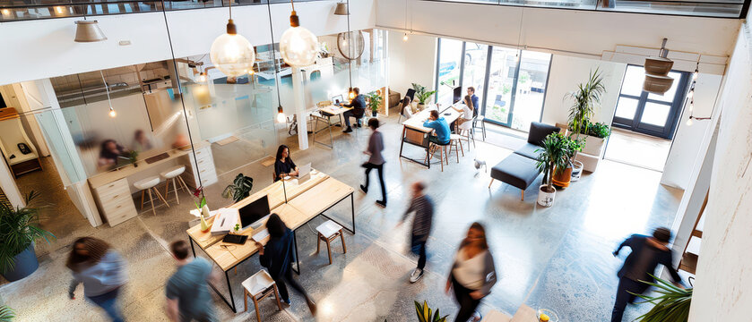 Wide angle view of people working and walking inside a modern coworking space with open layout, natural light, motion blur and dynamic professional atmosphere.