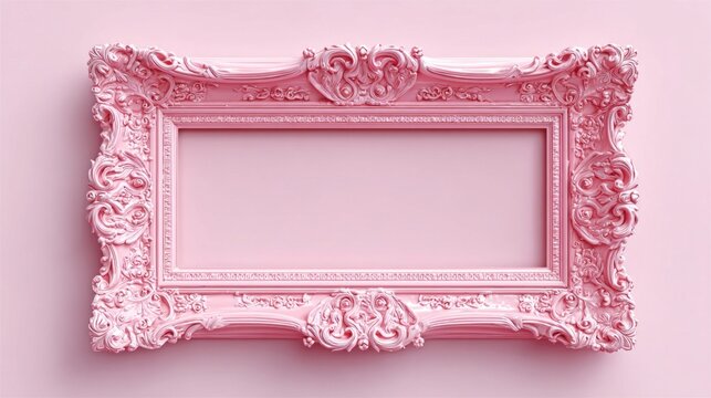 Ornate pink baroque picture frame with intricate carvings and a pastel background