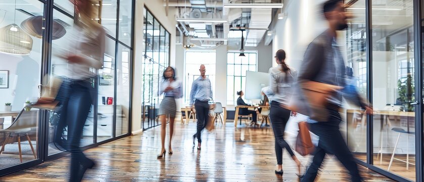 Wide angle view of professionals walking through a modern consulting office with glass architecture, motion blur and dynamic corporate business environment.