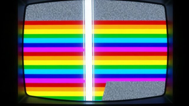 Retro television screen with rainbow color bars and analog static interference
