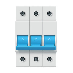 An illustration of an electrical fuse, in the form of three switches arranged vertically, with a blue lever and a grey body, designed to protect a circuit.