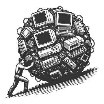 man pushing a giant sphere made of outdated electronics, symbolizing the burden of modern technology sketch engraving generative ai raster illustration. Scratch board imitation. Black and white image.