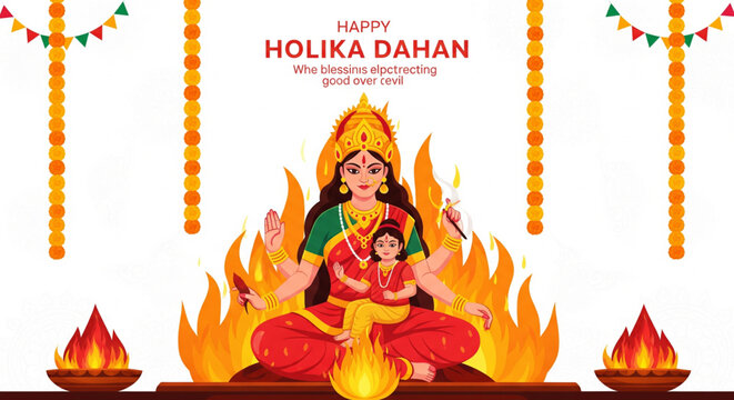 Sacred Holika Dahan Hindu festival vector illustration showing divine ritual fire worship symbolizing victory of good over evil for spiritual celebration background design