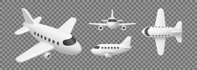 3D toy plane. Cartoon airplane flying in front, side and top view. Cute white plastic aircraft, jet for aviation, travel and ticket booking, tourism concept. Vector realistic soft render isolated set. © Ukio.stock