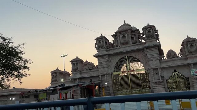 Grand ornamental entrance gate of the famous Shree Sanwariya Seth Temple in Chittorgarh, Rajasthan, India, during sunset