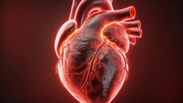 A glowing red human heart is centered against a dark red gradient background in a close-up 3D medical illustration from a front viewpoint, heart-22.mp4 referenced