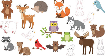 Fototapeta premium Cute Woodland Forest Animals Vector Set with Bear, Deer, Fox, Owl, Rabbit, Moose and Cartoon Wild Creatures Collection