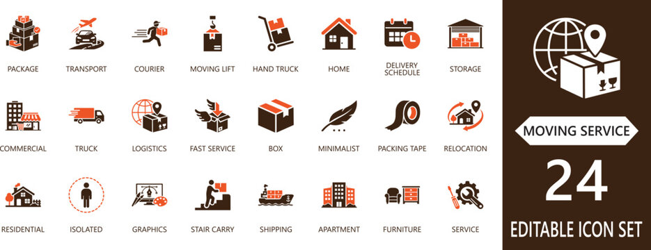 Professional vector Moving Service icons for home ,relocation, moving , company, smart , logistics , tracking, packing , services, and delivery solutions.