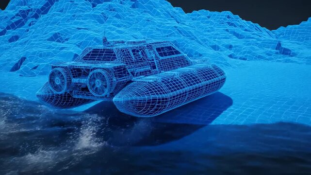 Blue neon wireframe hovercraft speeding across the water and transitioning onto a digital wireframe terrain with glowing engine particles. Futuristic amphibious vehicle and cyber navigation concept