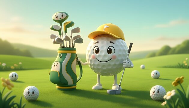 Cute golf ball character with club bag on sunny golf course
