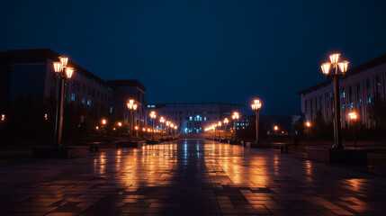 Fototapeta premium Aerial night view of a university campus with glowing streetlights among trees. Cinematic urban style. Concept of safety, education and modern city life for travel and architecture use