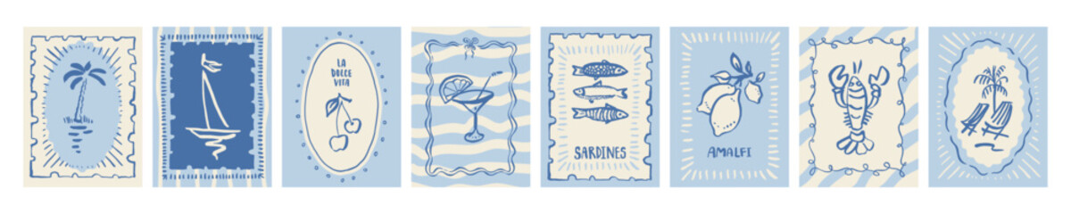 Italian food stamp posters. Amalfi coast retro wall art. Summer beach vacation prints. Coastal Italy vintage vector line yacht, palm, cherry and sea. Lobster fish icon doodles. Naive blue sketches © babayuka