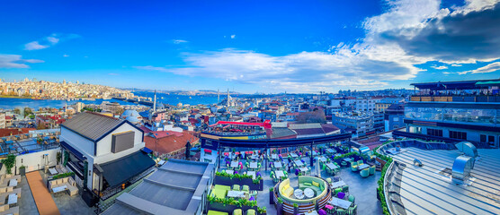 citysccape of Istanbul with traditional seaguls, Turkey. Istanbul most iconic lamdmarks, web banner