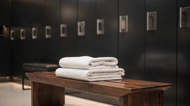 Focused medium shot displaying a bench with folded towels in front of sleek darktoned lockers while the rest of the locker room fades softly highlighting premium design.