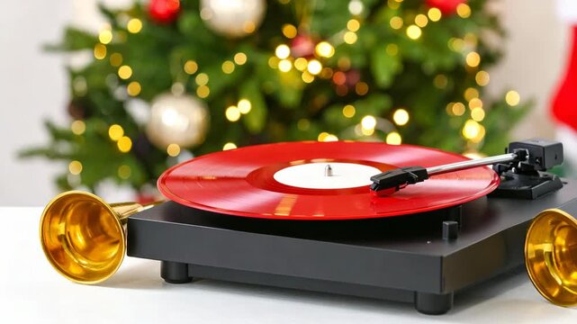 Vintage record player with red vinyl disc and gold bells near a decorated Christmas tree