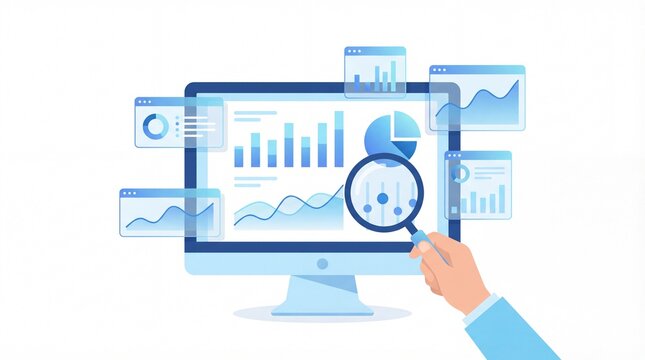 Business Data Analysis Dashboard with Charts and Magnifying Glass, Analytics Monitoring Concept, Performance Metrics, Market Insight, Business Flat Illustration