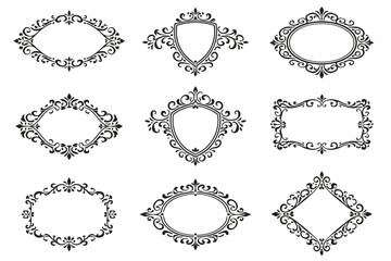 Obraz premium Nine elegant vintage frames with floral curls and filigree borders in black. Perfect for wedding invitations, certificates, labels, menus, luxury packaging, and premium brand design.