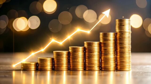 Golden coins stacked in rising columns with glowing upward arrow chart against bokeh background