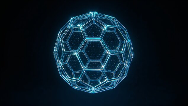 Rotating glowing wireframe icosahedron in dark studio void, emitting cyan edges and particles