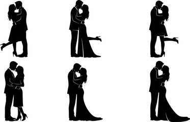 Set of Romantic Couple Silhouettes Kissing and Embracing in Elegant Formal Wear for Wedding Invitations Anniversary Cards and Valentine Design