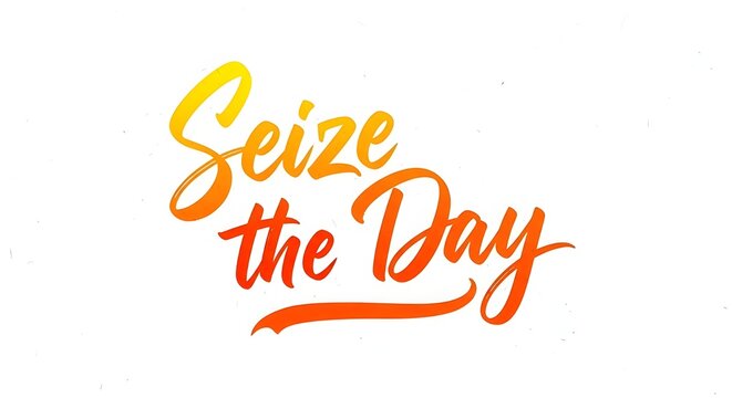 Artistic calligraphy rendering of the motivational phrase seize the day in vibrant yellow and orange gradient colors