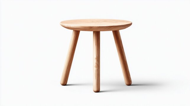 Minimalist wooden stool with three legs on a clean white background