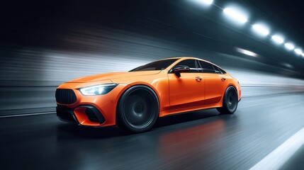 Naklejka premium Sleek orange sports sedan speeding through a modern tunnel with motion blur