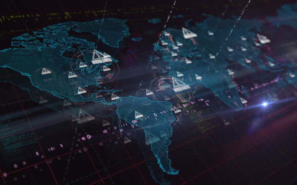 System hacked cyber attack alert symbol on world map