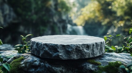 Obraz premium A stone with a flat surface, set among greenery and a waterfall, creates a sense of harmony with nature, which will fit perfectly into design projects as a main backdrop.