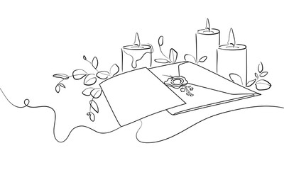 Naklejka premium Wedding invitation set, continious line drawing. Candles with flowers outline. Save the date, elegant wedding decor, envelope outline. Vector illustration