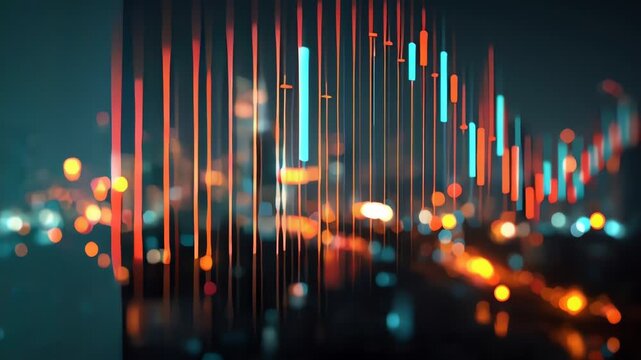 Financial Data Chart Overlaying Blurred Night Cityscape Technology