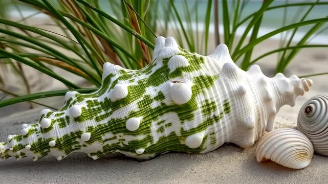 Shells on the beach with grass in the background at a sunny day near the water