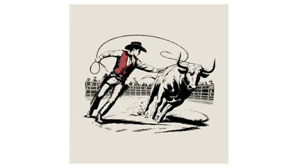 Obraz premium Dynamic vintage-style illustration of a cowboy roping a bull, inspired by classic wild west rodeo culture and hand-drawn engraving art.