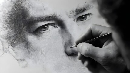 Obraz premium Artist drawing a human portrait with a pencil on paper, focusing on detail and creativity. Concept: Art creation, creativity, traditional drawing, self expression, fine art, artistic skill.