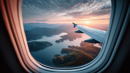 Fototapeta premium View from airplane window at sunset over islands and mountains, a journey begins