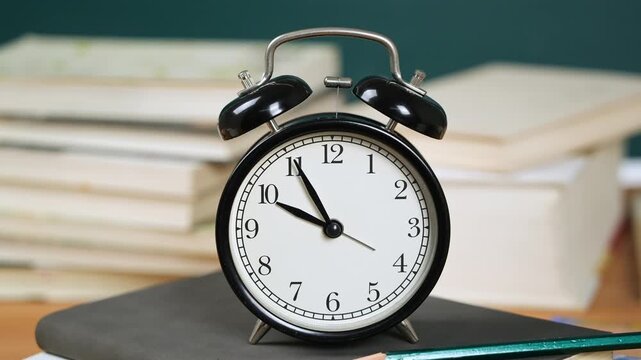 Alarm clock on stack of books