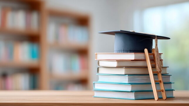 Graduation cap and books stacked on a table with a ladder leading up to success