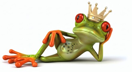 Regal Relaxation Cartoon Frog King Lounging with Crown on White.