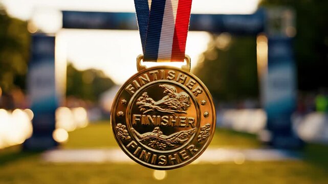 Close-up of a Gold Finisher Medal with a Blurred Background.