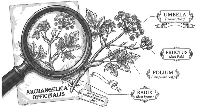 Archangelica officinalis showing labeled flower head, seed pods, leaves, and root system sketch engraving generative ai raster illustration. Scratch board imitation. Black and white image.
