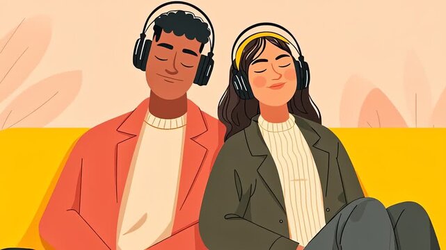 Couple Relaxing on Sofa Listening to Music with Headphones