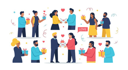 Fototapeta premium Illustration of diverse people exchanging gifts and showing affection with colorful hearts and confetti on a white background.