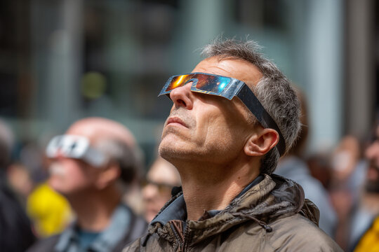 An astronomer gazing at a solar eclipse through protective glasses surrounded by other stargazers.
