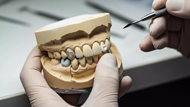 Detailed Dental Prosthesis Crafting Process With Dental Technician Showing Precise Adjustments