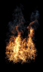 Large fierce fire with bright orange and yellow intense flames on a completely black background