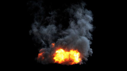 Large and fiery explosion with intense orange and yellow flames surrounded by thick grey smoke on a black background