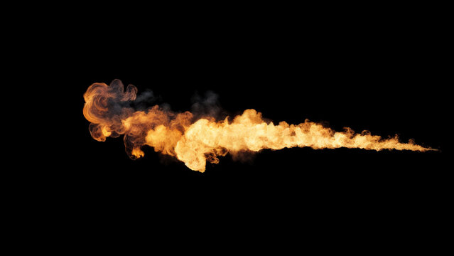 Isolated long glowing trail of fire and smoke like a meteor rocket or dragon breathe on a black background